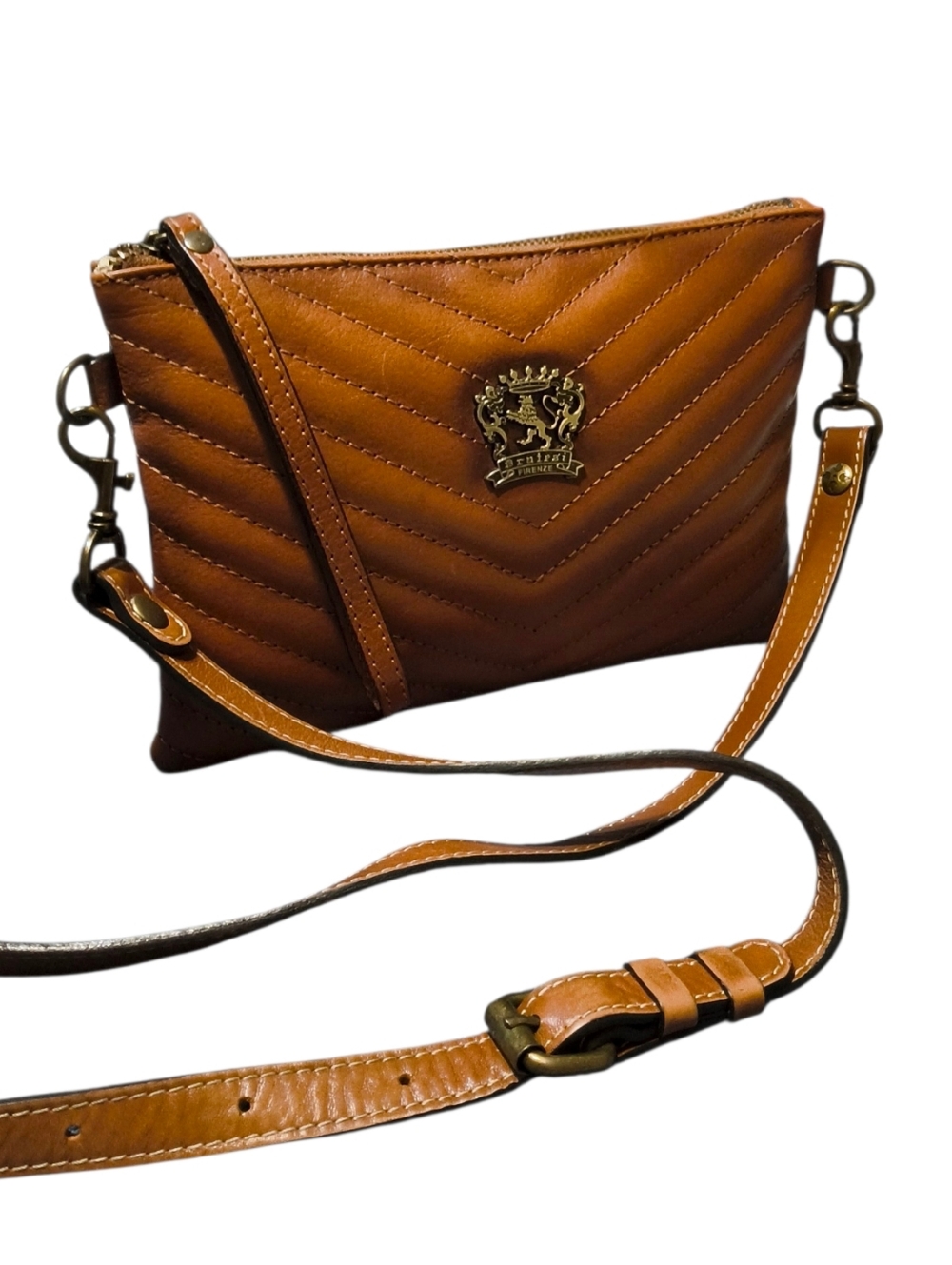 Pratesi Firenze Quilted Italian Leather Crossbody Clutch in Cognac Brown - Picture 2 of 9